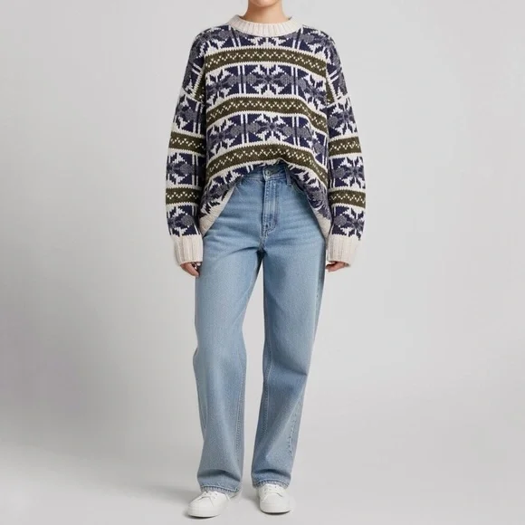 Vintage 100% Wool Scandi Nordic Sweater Cabincore Apres Ski Blue Cream Fair Isle - Picture 4 of 10